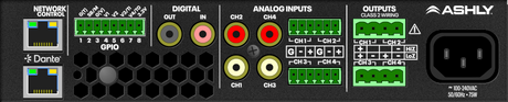 ASHLY FXD125.4 1/2RU Compact 4-Ch Power Amp with DSP/Dante, 4 x 125W @ 4/8 Ohms, 2 x 250W BR @ 70V, mounting kit option Amplifiers Ashly