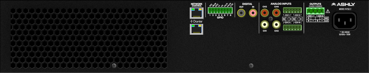 ASHLY FXD750.2 2-Ch Power Amp with DSP/Dante, 2 x 750W @ 2/4 Ohms, 375W @ 8 Ohms 1 x 1500W BR @ 70V, 2U Amplifiers Ashly