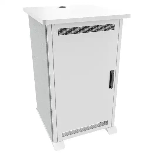 Middle Atlantic Forum™ Side Cart Rack, 20RU, 27" Deep, Wilsonart® Designer White, White Powdercoat, Silver Gray Felt Racks Middle Atlantic