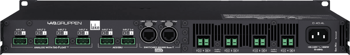 Lab Gruppen D SERIES LAKE D D 40:4L 4000W Amplifier with 4 Flexible Output-Channels, Lake Digital Signal Processing and Digital Audio Networking for Installation Applications Creation Networks