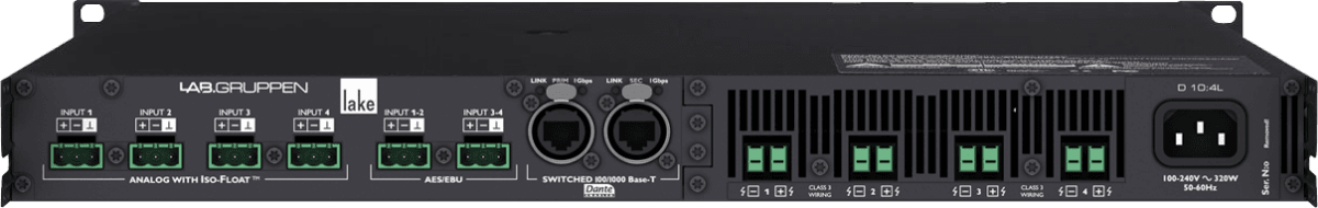Lab Gruppen D SERIES D 10:4L 1000W Amplifier with 4 Flexible Output-Channels, Lake Digital Signal Processing and Digital Audio Networking for Installation Applications Creation Networks