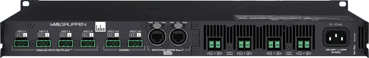 Lab Gruppen D SERIES LAKE D 10:4L 1000W Amplifier with 4 Flexible Output-Channels, Lake Digital Signal Processing and Digital Audio Networking for Installation Applications Audio Amplifiers Lab Gruppen