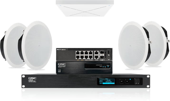QSC Large meeting room audio: in-ceiling speakers with Sennheiser TeamConnect Ceiling 2