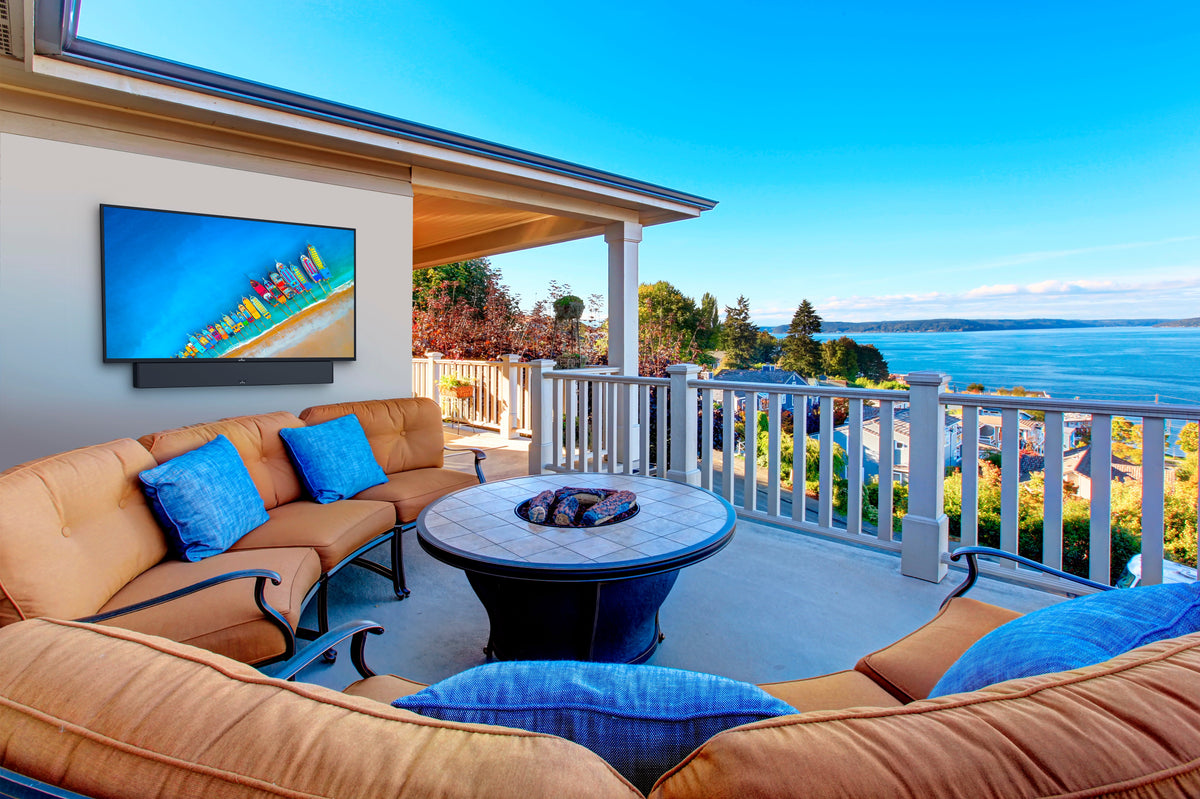 Peerless-AV Neptune SOSB150 outdoor soundbar installed on patio