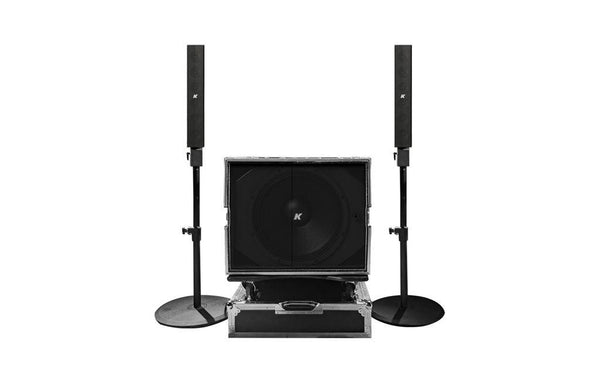 K-Array Pinnacle K-FOH2 Front of House monitoring system, including 2 KP52 I on stands and 1 KS2 I 18" active subwoofer, all conveniently integrated into a wheeled flight case