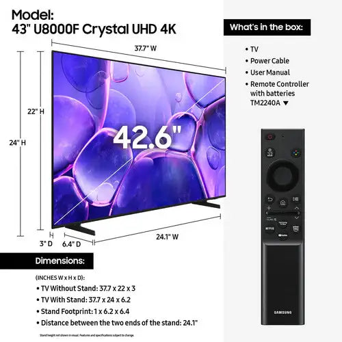 Samsung UN43U8000FFXZA 43" LED 4K Crystal UHD HDR, 3840x2160, 60Hz, WiFi - Black