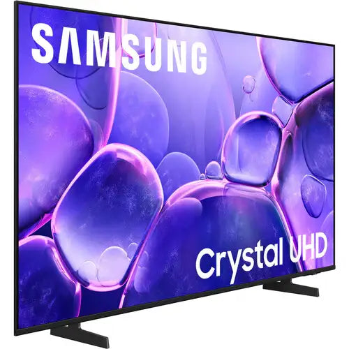 Samsung Crystal UHD TV with abstract purple design on screen