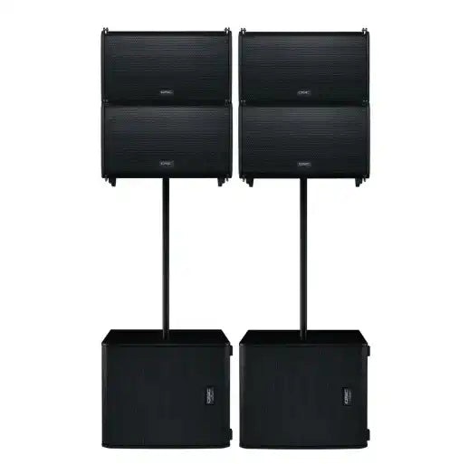 QSC Dual LA112 2,400W 12-inch Active Line Array Speakers and LS118 4000W 18 inch Powered Subwoofer Pole Mount System
