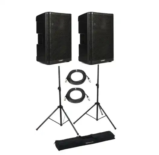 QSC CP12 Powered Speaker Pair with Stands and Cables - Bundle