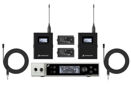 Sennheiser Digital wireless lavalier set with EW-DX EM 2 receiver, 2x EW-DX SK bodypack, 2x MKE 2 lavaliers, frequency range: V5-7 (941.700-951.800 & 953.050-956.050 & 956.650-959.650). Part 74 license required. Microphones Sennheiser