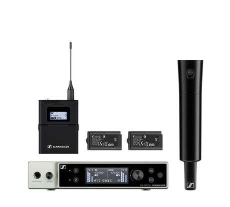 Sennheiser Digital wireless base set with EW-DX EM 2 receiver, EW-DK SKM-S transmitter and EW-DX bodypack, frequency range: V5-7 (941.700-951.800 & 953.050-956.050 & 956.650-959.650). Part 74 license required. Wireless Microphone Systems Sennheiser