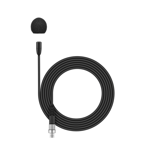 Sennheiser MKE Essential omni lavalier microphone (omnidirectional condenser) with 1.6m cable, black, for 2000/5000/6000/9000 Series, 3-Pin connector. Includes MZQ 02 mic clamp and SL MZW 1 foam windscreen Microphones Sennheiser