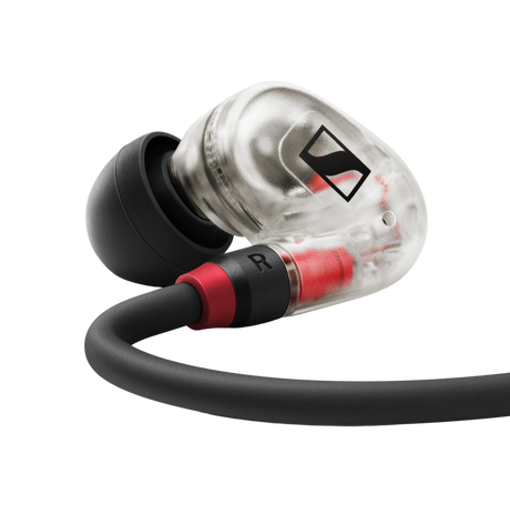 Sennheiser IE 100 PRO In-ear monitoring headphones, 10mm dynamic transducer, clear. Includes 1.3m straight cable with 3.5mm jack, soft pouch, silicone ear adapters (S/M/L), foam ear adapters (M), 6.3mm adapter and cleaning tool In-Ear Monitors Sennheiser