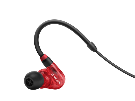 Sennheiser IE 100 PRO In-ear monitoring headphones, 10mm dynamic transducer, red. Includes 1.3m straight cable with 3.5mm jack, soft pouch, silicone ear adapters (S/M/L), foam ear adapters (M), 6.3mm adapter and cleaning tool In-Ear Monitors Sennheiser