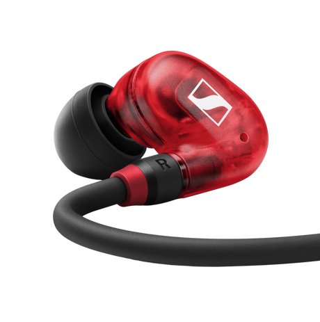 Sennheiser IE 100 PRO In-ear monitoring headphones, 10mm dynamic transducer, red. Includes 1.3m straight cable with 3.5mm jack, soft pouch, silicone ear adapters (S/M/L), foam ear adapters (M), 6.3mm adapter and cleaning tool In-Ear Monitors Sennheiser