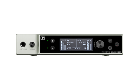 Sennheiser 2 channel half-rack Dante receiver EW-DX EM 2 DANTE, frequency range: V5-7 (941.700-951.800 & 953.050-956.050 & 956.650-959.650). Part 74 license required. Wireless Microphone Systems Sennheiser