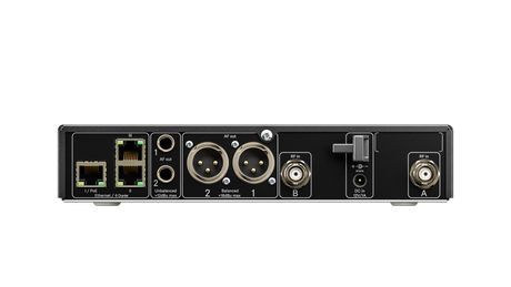 Sennheiser 2 channel half-rack Dante receiver EW-DX EM 2 DANTE, frequency range: V5-7 (941.700-951.800 & 953.050-956.050 & 956.650-959.650). Part 74 license required. Wireless Microphone Systems Sennheiser