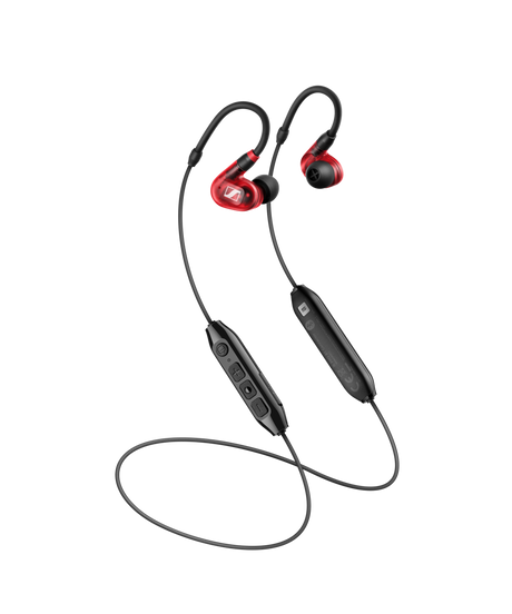 Sennheiser IE 100 PRO Red wireless in-ear monitoring set with IE PRO BT Bluetooth connector. Includes IE 100 PRO Red, 1.3m cable, IE PRO BT connector, USB-A to USB-C charging cable and accessories In-Ear Monitors Sennheiser