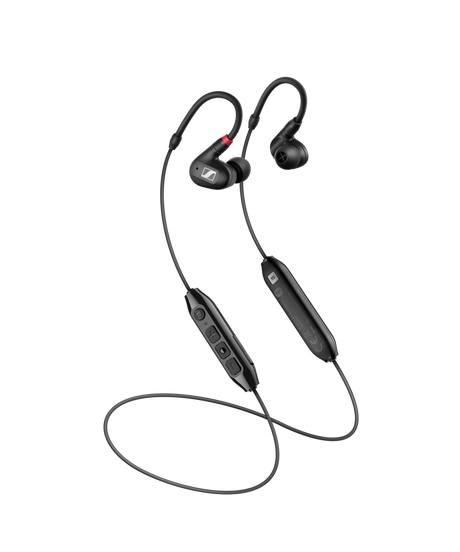 Sennheiser IE 100 PRO Black wireless in-ear monitoring set with IE PRO BT Bluetooth connector. Includes IE 100 PRO Black, 1.3m cable, IE PRO BT connector, USB-A to USB-C charging cable, soft pouch, silicone and foam ear adapters In-Ear Monitors Sennheiser