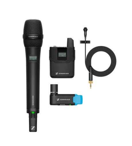 Sennheiser Wireless vocal set. Inc. EKP AVX receiver, SK AVX bodypack transmitter, ME 2 clip-on mic, SKM AVX handheld transmitter with MMD 835 capsule, BA batteries, EKP AVX adapter, NT 5-10U power supply, CI 400 cable, misc. Microphones Sennheiser