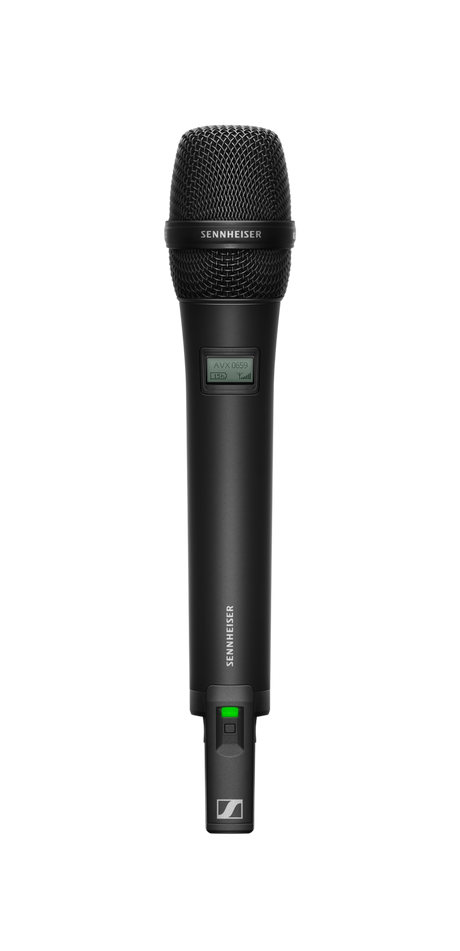 Sennheiser Wireless vocal set. Inc. EKP AVX receiver, SK AVX bodypack transmitter, ME 2 clip-on mic, SKM AVX handheld transmitter with MMD 835 capsule, BA batteries, EKP AVX adapter, NT 5-10U power supply, CI 400 cable, misc. Microphones Sennheiser