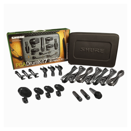 Shure PGADRUMKIT7 7-piece drum mic kit including 1-PGA52, 3-PGA56, 1-PGA57, 2-PGA81, 3-A25D stand adapters, 3-AP56DM drum mounts, 7 XLR-XLR cables, case Microphnes Shure