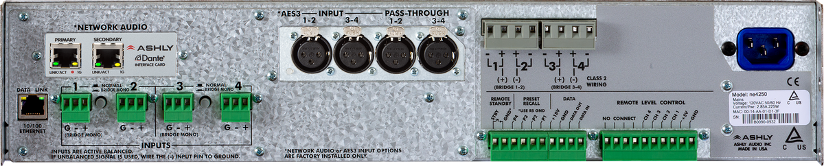 ASHLY NE4250 Network Power Amplifier 4 x 250W @ 4 Ohms, 150W @ 8 Ohms Amplifiers Ashly