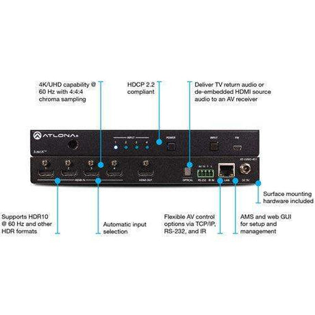 Atlona 4K HDR Four-Input HDMI Switcher with Auto-Switching - AT-JUNO-451 - Creation Networks