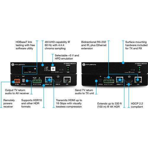 Atlona 4K HDR Transmitter and Receiver Set w/IR, RS-232, Ethernet and PoE - AT-HDR-EX-100CEA-KIT - Creation Networks