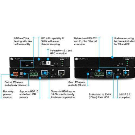 Atlona 4K HDR Transmitter and Receiver Set w/IR, RS-232, Ethernet and PoE - AT-HDR-EX-100CEA-KIT - Creation Networks