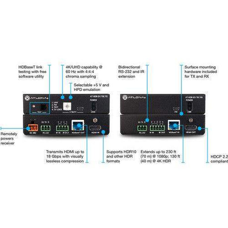 Atlona 4K HDR Transmitter and Receiver Set with IR, RS-232, and PoE - AT-HDR-EX-70C-KIT - Creation Networks