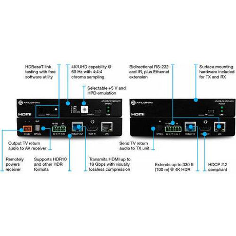 Atlona AT-HDR-EX-100CEA-TX 4K HDR Transmitter with Ethernet, Control, PoE & Return Audio (330') - Creation Networks