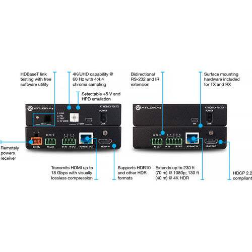 Atlona AT-HDR-EX-70C-TX 4K HDR Transmitter with IR, RS-232, Ethernet & PoE (230') - Creation Networks