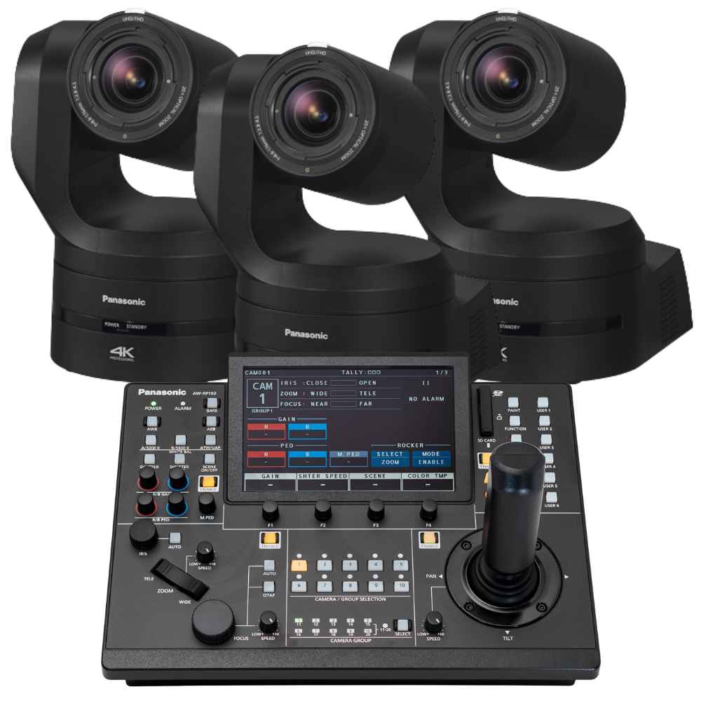 Panasonic 3x AW-UE160 PTZ Cameras w/ FREE AW-RP150 Controller (Black)