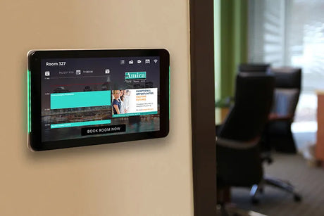 Visix Connect interactive conference room sign with green availability light