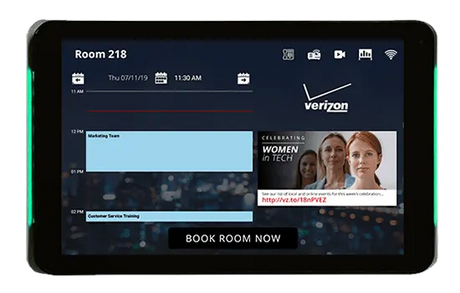 Connect room sign displaying today's meeting schedule with resource icons