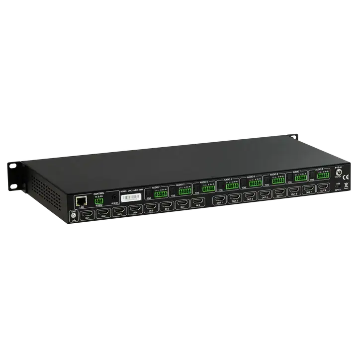 AVPro Edge 18Gbps HDMI  8x8 Matrix w/ Dual Audio Deembedding/Matrix with built in scalers and audio delay (Full HDR, 4K60 4:4:4); Updated EDID management and Audio Features