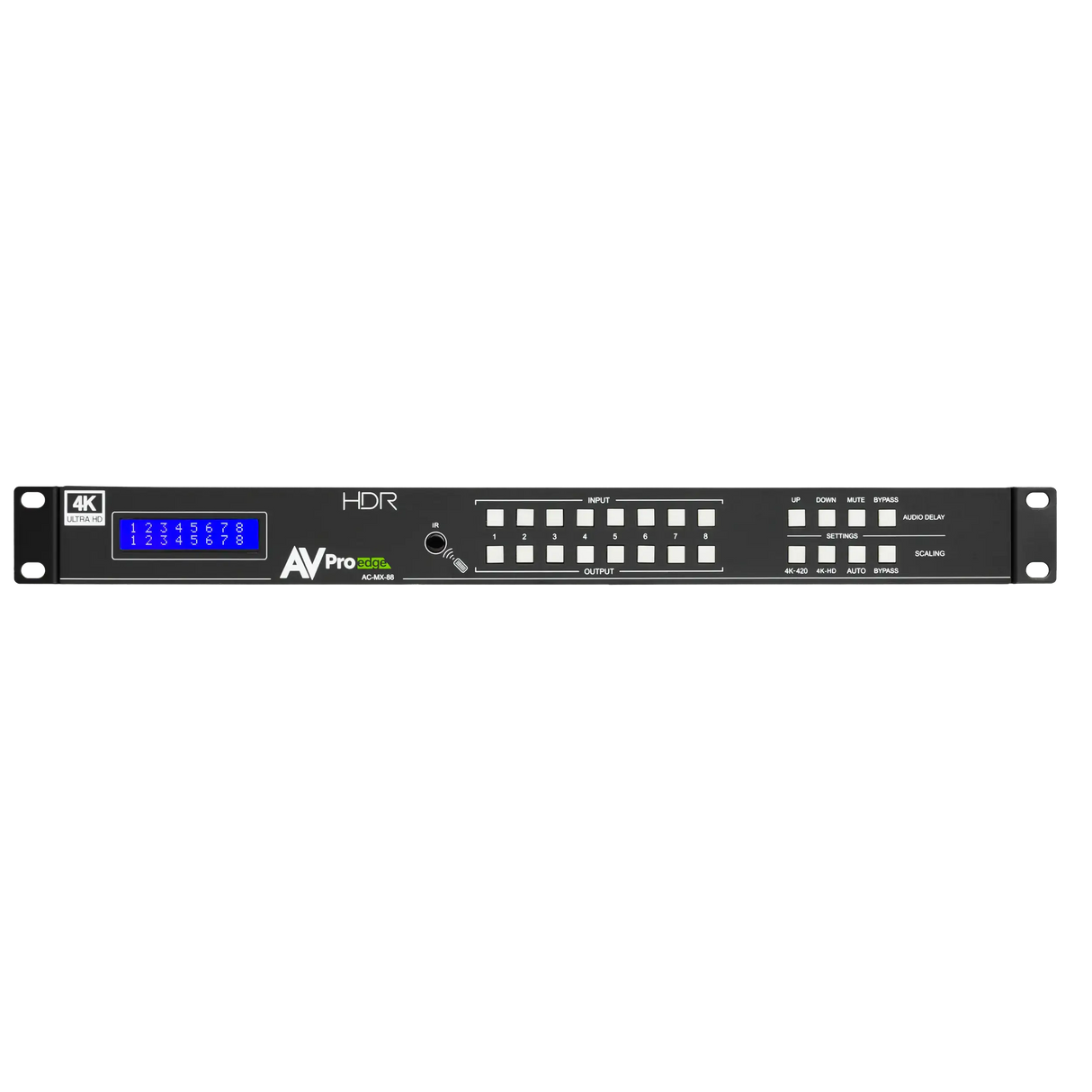 AVPro Edge 18Gbps HDMI  8x8 Matrix w/ Dual Audio Deembedding/Matrix with built in scalers and audio delay (Full HDR, 4K60 4:4:4); Updated EDID management and Audio Features