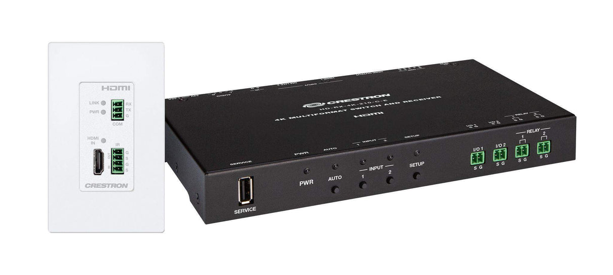 Crestron 4K 2x1 DM® Essentials Scaling Auto-Switcher and Wall Plate Extender over CATx Cable (White) - DM-EXT-1021-1G-W KIT - Creation Networks