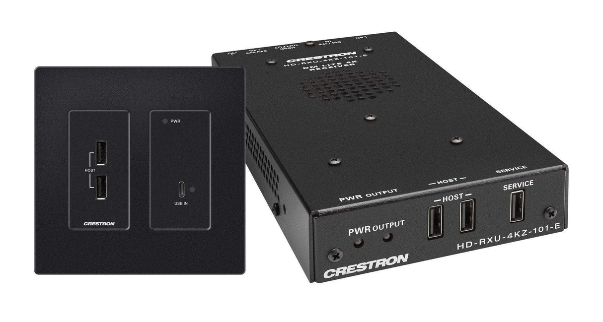Crestron 4K60 4:4:4 DM® Essentials Transmitter Receiver Pair for USB‑C® DisplayPort™, and USB 2.0 Signal Extension over CATx Cable, Wall Plate (Black) - DM-EXT-2011-2G-B KIT - Creation Networks