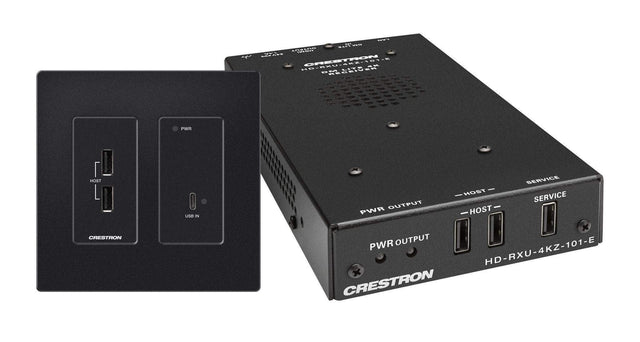 Crestron 4K60 4:4:4 DM® Essentials Transmitter Receiver Pair for USB‑C® DisplayPort™, and USB 2.0 Signal Extension over CATx Cable, Wall Plate (Black) - DM-EXT-2011-2G-B KIT - Creation Networks