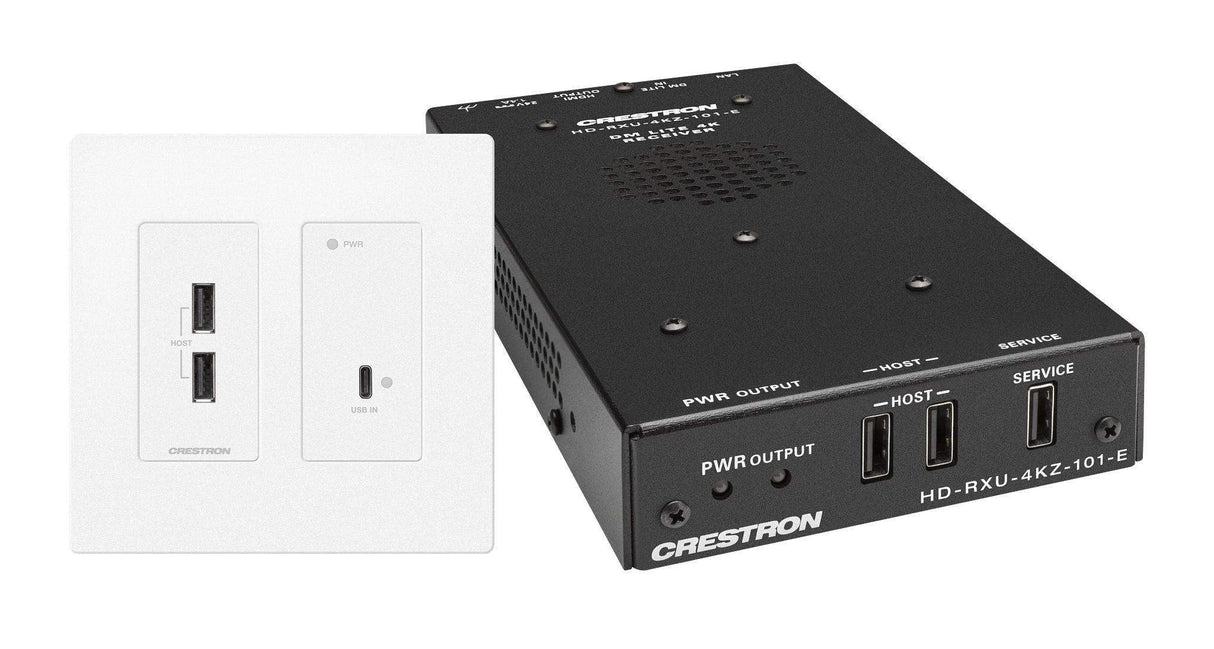 Crestron 4K60 4:4:4 DM® Essentials Transmitter Receiver Pair for USB‑C® DisplayPort™, and USB 2.0 Signal Extension over CATx Cable, Wall Plate (White) - DM-EXT-2011-2G-W KIT - Creation Networks