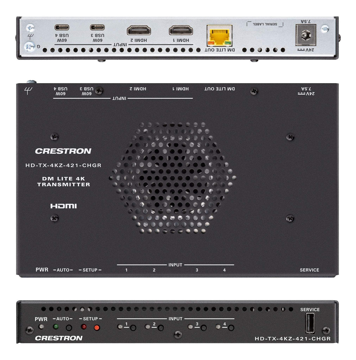Crestron HD-TX-4KZ-421-CHGR DM Lite® 4K60 4:4:4 Transmitter and 4x1 Auto-Switcher for HDMI® and USB-C® DisplayPort™ Signal Extension over CATx Cable - Creation Networks
