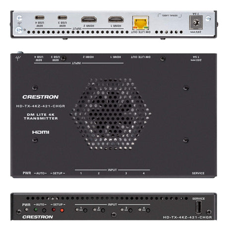 Crestron HD-TX-4KZ-421-CHGR DM Lite® 4K60 4:4:4 Transmitter and 4x1 Auto-Switcher for HDMI® and USB-C® DisplayPort™ Signal Extension over CATx Cable - Creation Networks
