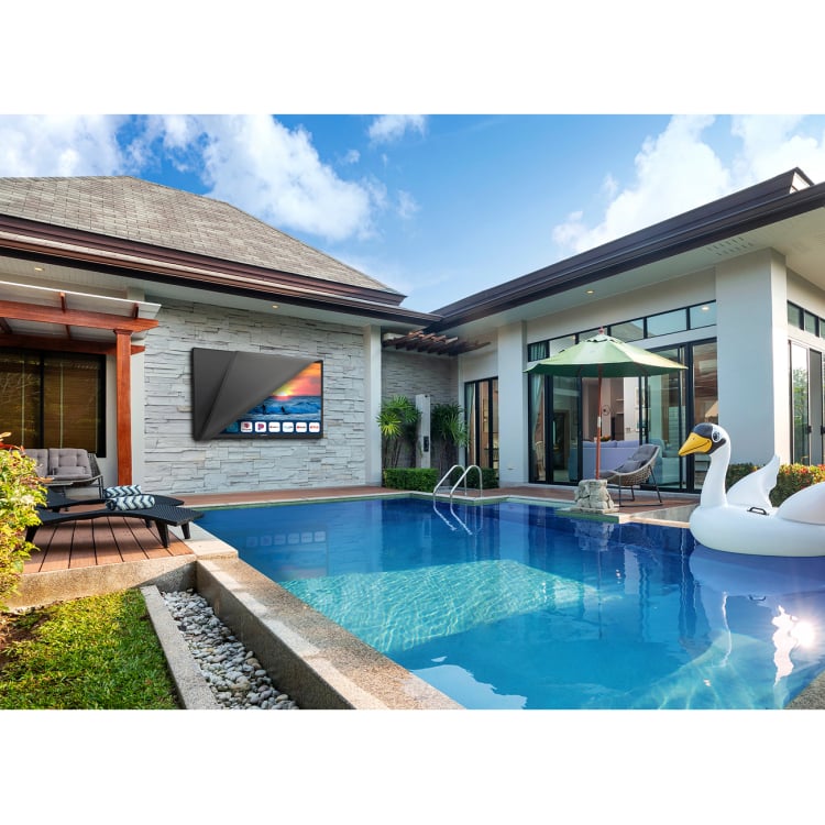 Peerless-AV SODC653 Neptune dust cover installed on a 65-inch outdoor TV