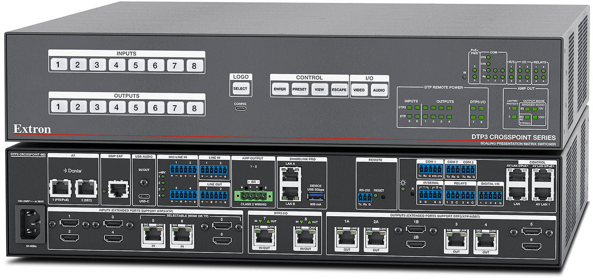 Extron DTP3 CrossPoint 662 IPCP A LL – 6x6 Configurable Matrix Switcher with DSP, Control Processor and Amplifier 60-1694-12A