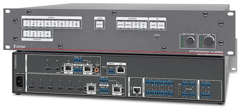 Extron DTP CrossPoint 82 4K, Preamp Output, w/o Amplifier and Control Processor, 8x2 Seamless 4K Scaling Presentation Matrix Switcher