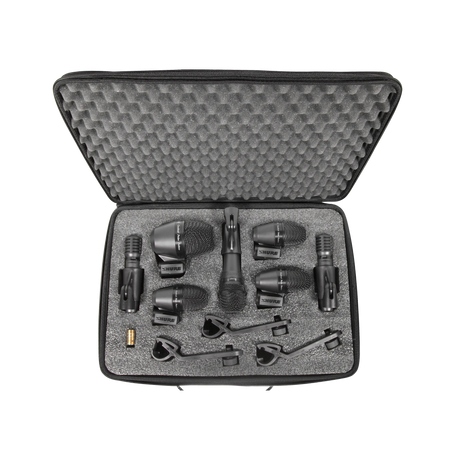 Shure PGADRUMKIT7 7-piece drum mic kit including 1-PGA52, 3-PGA56, 1-PGA57, 2-PGA81, 3-A25D stand adapters, 3-AP56DM drum mounts, 7 XLR-XLR cables, case Microphnes Shure