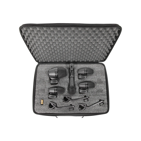 Shure PGADRUMKIT5 5-piece drum mic kit including 1-PGA52, 3-PGA56, 1-PGA57, 1-A25D stand adapter, 3-AP56DM drum mounts, 5 XLR-XLR cables, case Microphnes Shure