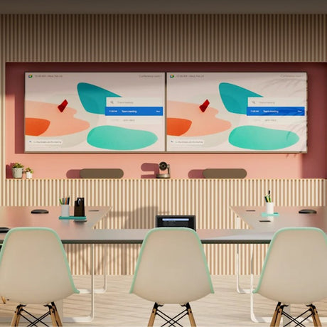 Google Meet training room with dual displays, Logitech Rally bars, PTZ camera and Tap controller